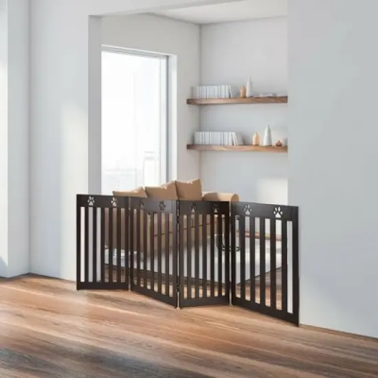 Costway 24'' Folding Wooden Freestanding Pet Gate Dog Gate W/360&deg; Hinge White/Espresso image {4}