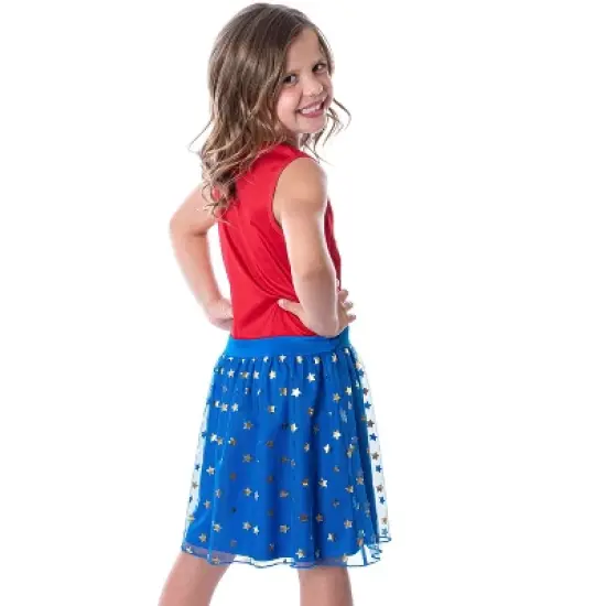 DC Comics Girl's Wonder Woman Logo and Stars Tank Nightgown Costume Pajama Red/Blue image {3}