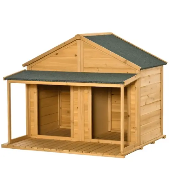PawHut Wooden Dog House Outdoor Duplex for 2 Medium or Small Dogs, Outdoor Double Dog House with Porch, 50" x 43" x 43" image {3}