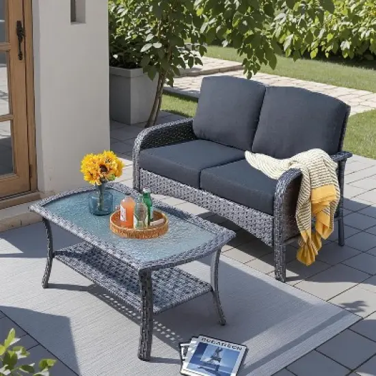 XIZZI Outdoor Wicker Sofa Set with Optional Swivel Chairs, 3.5" Cushions 5 Colors (Gray, Black, Navy, etc.), All-Weather Rattan, Modular 2-7 Pieces image {8}
