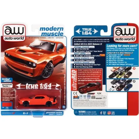 2019 Dodge Challenger R/T Scat Pack Tor Red with Black Tail Stripe "Modern Muscle" Ltd Ed 1/64 Diecast Model Car by Auto World image {2}