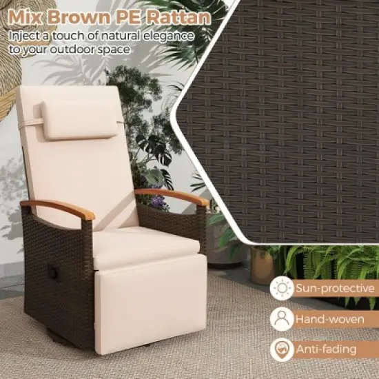 Costway Outdoor 360&deg; Swivel Rattan Recliner Chair Patio Wicker Chaise Lounge Chair Beige/Navy image {7}