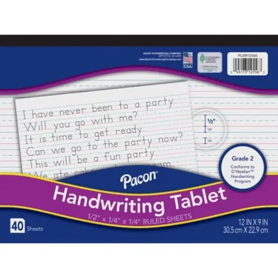 Pacon&reg; Handwriting Tablet, White, 1/2 in x 1/4 in x 1/4 in Ruled Long, 12" x 9", 40 Sheets, Pack of 12 image {1}