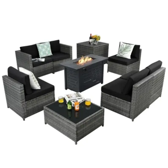Tangkula 9 PCS Rattan Dinning Set Wicker Sofa w/Propane Gas Fire Pit 60,000 Btu Heater image {15}