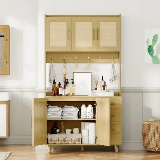 71" Rattan Boho Pantry Cabinet, Freestanding Kitchen Hutch with Microwave Shelf, 3 Drawers & 6 Hooks image {6}