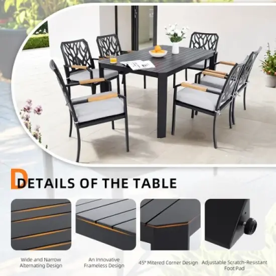 DOMETOUR 7Pcs Patio Aluminum Furniture Set, Modern Dining Set with 6 Dining Chairs, Branch-Like Backrest, Rectangular Table with Umbrella Hole image {4}