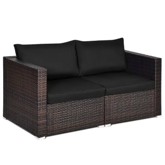 Tangkula 2-Piece Patio Wicker Corner Sofa Set Rattan Loveseat with Removable Cushions image {7}