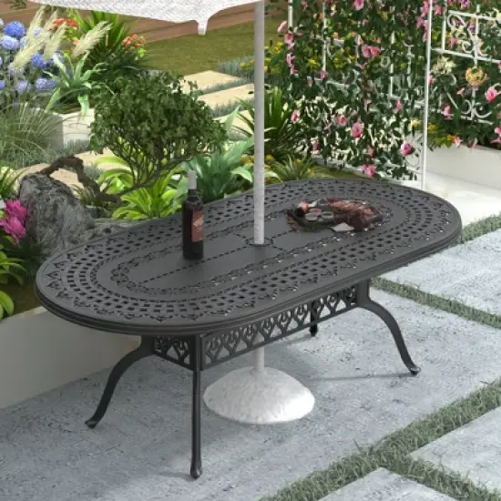 Cast Aluminum Patio Dining 81.89'' L x 41.34'' W Oval Table with a 1.88-inch Umbrella Hole image {7}