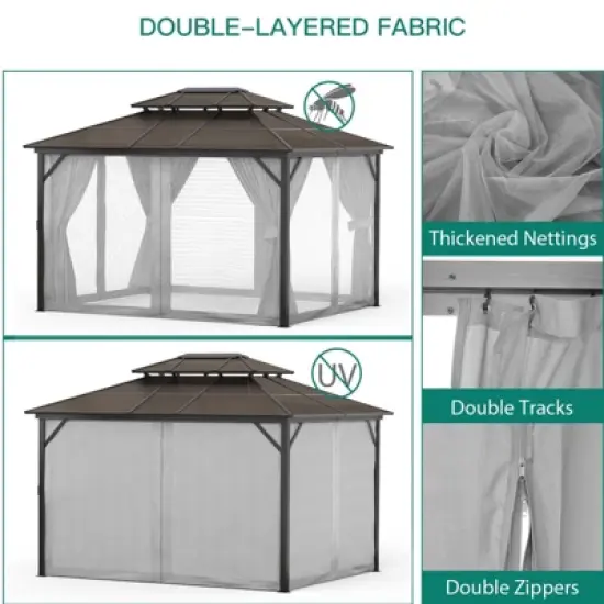 10' x 10' Aluminum Hardtop Gazebo with Galvanized Steel Double Roof Canopy, Outdoor Pergola with Curtains and Netting for Patio Backyard Deck, Grey image {4}