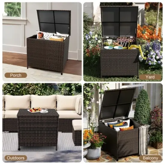 Garvee Outdoor Storage Box, 80 Gallon Deck Box, Waterproof PE Rattan Storage Bench for Patio Cushions, Gardening Tools, Pool Accessories, Brown image {2}