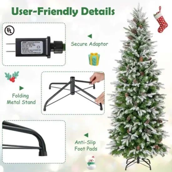 Costway 6/7.5/9 FT Flocked Christmas Tree with 671/913/1310 PE PVC Branch Tips 280/350/470 Warm White LED Lights image {4}
