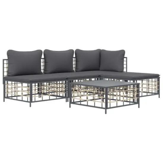 vidaXL 5-Piece Patio Lounge Set with Dark Grey Cushions - Anthracite Poly Rattan, Powder-Coated Steel Frame, Versatile Outdoor Furniture Collection image {2}