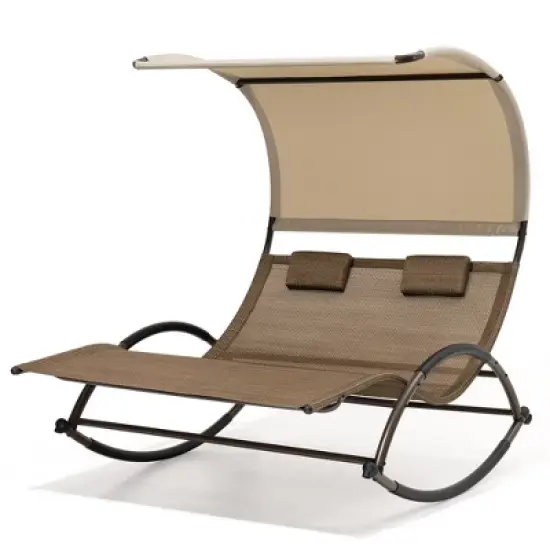 Crestlive Products Outdoor Double Sun Bed Chaise Lounge Chair Rocking Bed with Sun Shade & Wheels image {9}