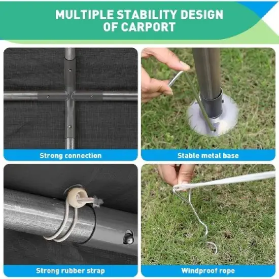 Acekool Portable Carport Canopy, Heavy Duty Steel Frame Garage Shelter, Water-Resistant Outdoor Vehicle Storage, Easy Assembly image {6}