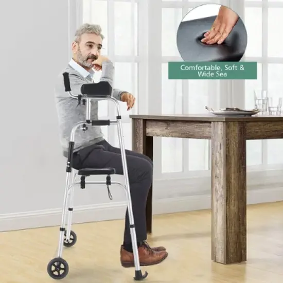 Costway Foldable Aluminum Alloy Walker Wheel Walking Frame with Seat & Armrest Pad image {8}