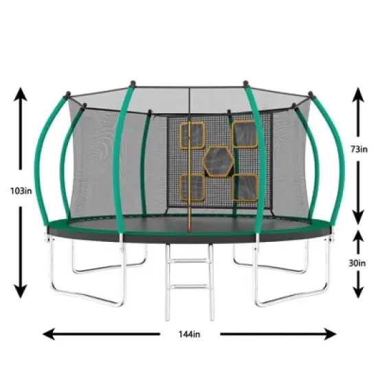 Jump Into Fun 12FT Outdoor Trampoline Equipped With 360-Degree Safety Net, Curved Poles, zipper door Recreational Trampoline for Kids and Adults image {1}