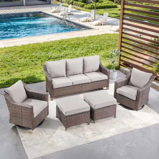 Belord 4 Pieces Rattan Patio Furniture Set, Patio Sofa Set with Patio Swivel Chair and Ottoman, Brown Wicker Furniture Ideas for Porch Deck image {11}