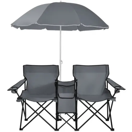 Portable Folding Picnic Double Chair W/Umbrella Table Cooler Beach Camping Turquoise\Black\Red\Gray image {10}
