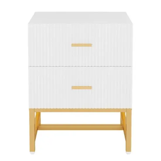 Resenkos 2-Drawer Nightstand, Large White Gold Bed Side Table, Modern Wide End Table Table for Living Room, Wood Metal Tall Night Stands image {1}