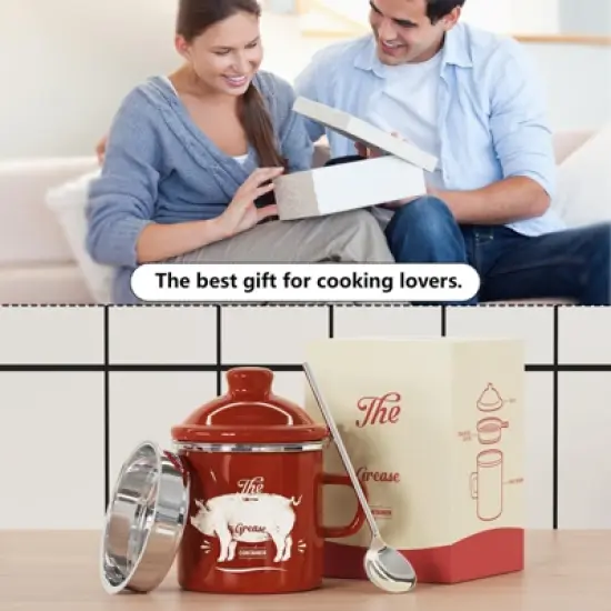 Itopfox Mini Bacon Grease Container With Strainer - Enamel Grease Saver, Farmhouse Bacon Grease Keeper For Kitchen Fat Storage, Dishwasher Safe image {6}