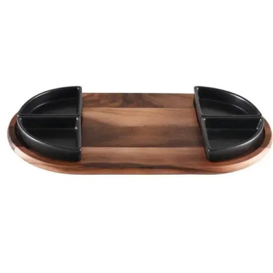 Charcuterie/ Serving Tray w/ 4 black triangular ceramic bowls image {4}