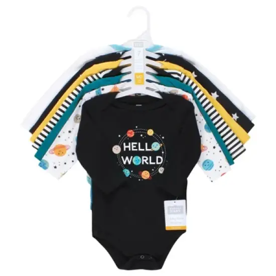 Hudson Baby Unisex Baby Cotton Long-Sleeve Bodysuits, Happy Planets 7-Pack image {1}