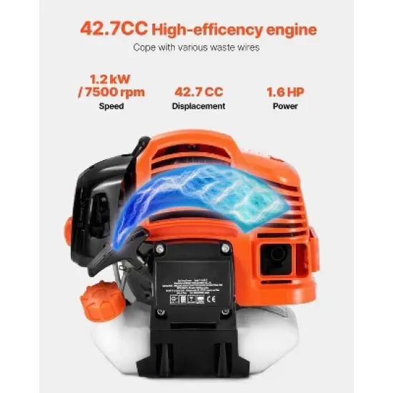 VEVOR String Trimmer, 42.7CC 2-Stroke, Gas Powered Weed Wacker, 16.9" Cordless Grass Trimmer, Multi-Functional Lawn Edger with Shoulder Strap image {2}