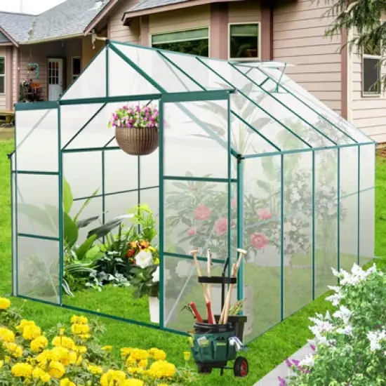 73.75"8X6FT-Green Double Door Polycarbonate Greenhouse Raised Base and Anchor Aluminum Heavy Duty Walk-in Greenhouses image {8}