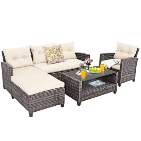 Tangkula 4PCS Rattan Patio Conversation Furniture Set Outdoor Sectional Sofa Set White image {4}