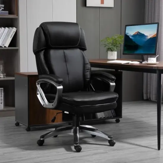 Vinsetto High Back Ergonomic Home Office Chair, PU Leather Swivel Chair with Adjustable Height, Lumbar Support and Padded Armrests, Black image {2}