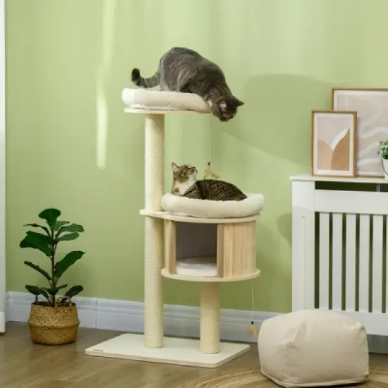 PawHut 3-Level Cat Tree with Sisal Scratching Posts, Fun Cat Badminton Toy for Playing, Soft Cushions, & Play Areas image {2}