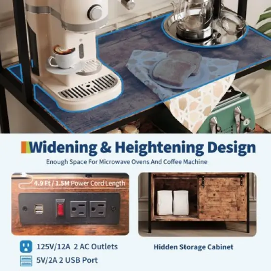 63" Industrial Microwave Stand 5-Tier Kitchen Bakers Rack with Cabinets & Charging Station, Utility Shelves Storage Shelf for Dining Room image {4}