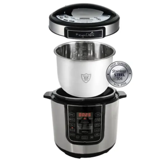 MegaChef 6 Quart Digital Pressure Cooker: Stainless Steel, Locking Lid, Dishwasher-Safe, 1000W, Silver image {2}