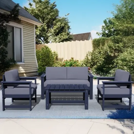 Hyleory HDPE 4-Piece Outdoor Sofa Set with Cushions, Conversation Set Including One Loveseat, Two Accent Chairs and a Coffee Table image {9}