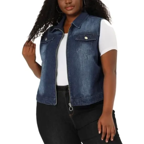 Agnes Orinda Women's Plus Size Trucker Zipper Front Sleeveless Denim Jacket Vests image {6}