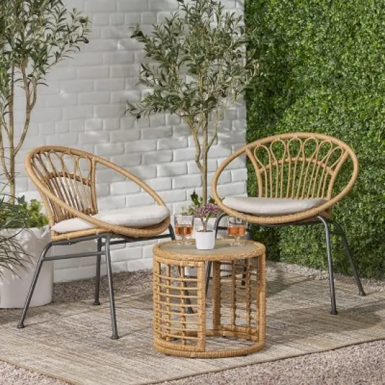 Christopher Knight Home Specter Outdoor Wicker and Tempered Glass 3 Piece Chat Set with Cushion, Light Brown/Beige image {1}