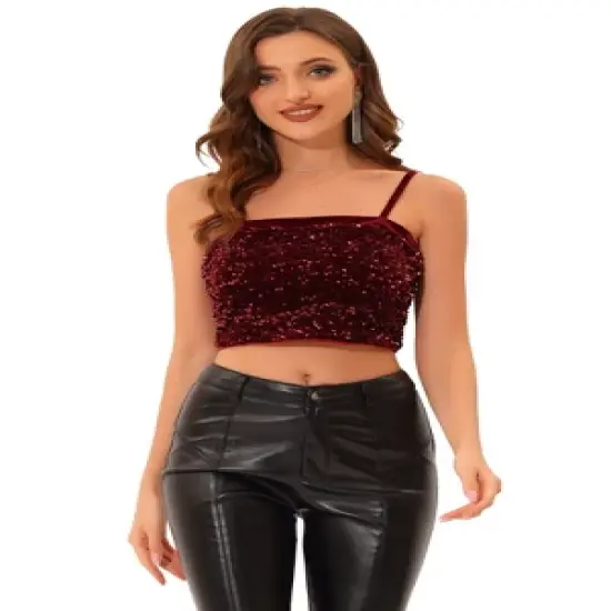 Allegra K Women's Velvet Spaghetti Strap Club Party Crop Sequined Cami Top image {6}