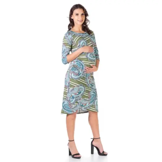 24seven Comfort Apparel Paisley Maternity Elbow Sleeve Ruched Knee Length Dress image {1}