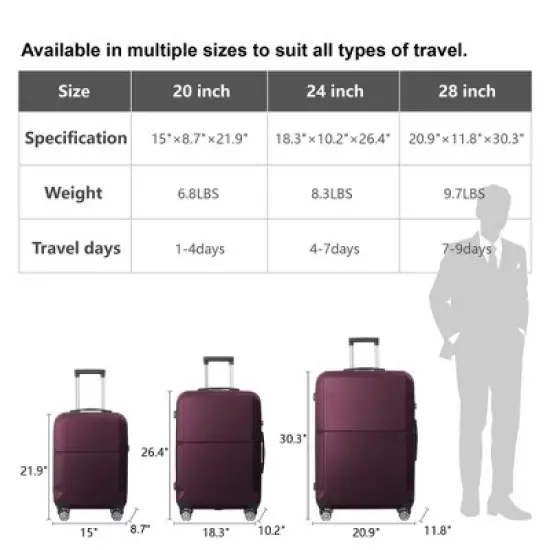 NAYSAYE Luggage ABS Hardshell 3 Piece Spinner Set with TSA Lock and Multi Position Handle for Travel, Purple, 21.06"*11.81"*30.31" image {4}