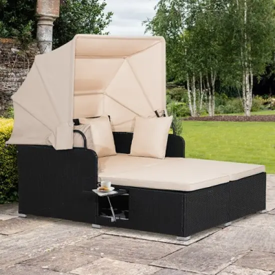 Tangkula Outdoor Wicker Lounge Daybed Hand-Woven PE Rattan Patio Loveseat Sofa Set with Retractable Canopy & 2 Side Tables with Soft Cushions Beige image {1}