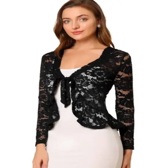 Allegra K Women's Tie Front Crop Cardigan Ruffled Hem Floral Lace Sheer Shrug Top image {7}
