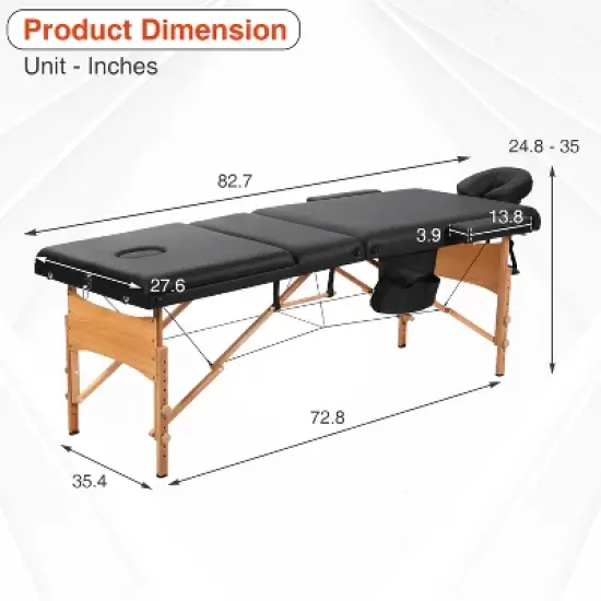 BestMassage Massage Bed Portable 3-Fold Massage Table 28" Wide Height Adjustable Spa Table, Black image {6}
