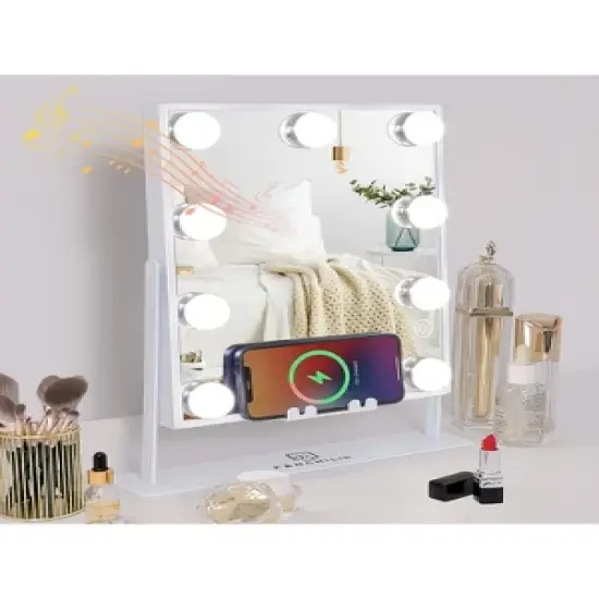 Fenchilin Lighted White Hollywood Makeup Vanity Mirror with 9 Dimmable Bulbs, Wireless Charger, Bluetooth Speaker, Smart Touch, and 10X Magnification image {1}