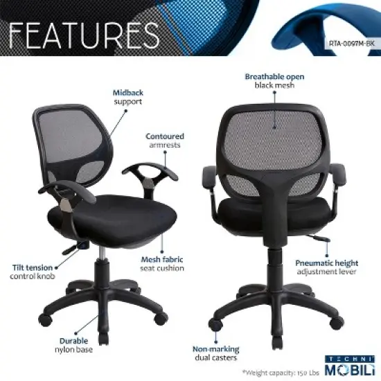 Midback Mesh Task Office Chair Black - Techni Mobili image {5}