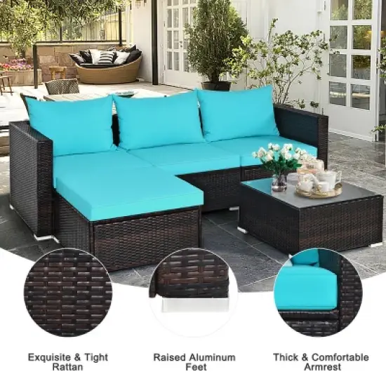 Costway 5PCS Patio Furniture Set Sectional Conversation Sofa Set w/ Coffee Table Blue image {6}