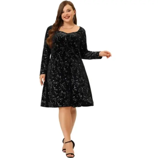 Agnes Orinda Women's Plus Size Outfits Fashion Sparkle Stars Stretch Velvet Long Sleeve Dresses image {2}