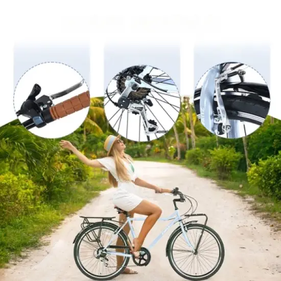 DSVIMOY Bicycles, 26 Inch Vintage Style Bike, 7-Speed Commute Bike with Leather Saddle for Men and Women, Blue, 22.05"*37.8"*66.93" image {2}