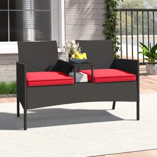 Tangkula Outdoor Rattan Loveseat 2-Seat Patio Conversation Set with Built-in Coffee Table Cushions Wicker Bench Furniture image {1}