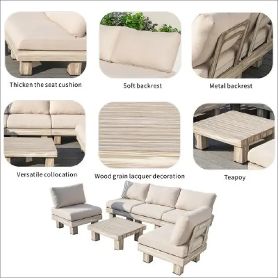 Moda Furnishings 5-Person Outdoor Patio Aluminum Wood Grain Sectional Seating Group With Beige Cushions image {7}
