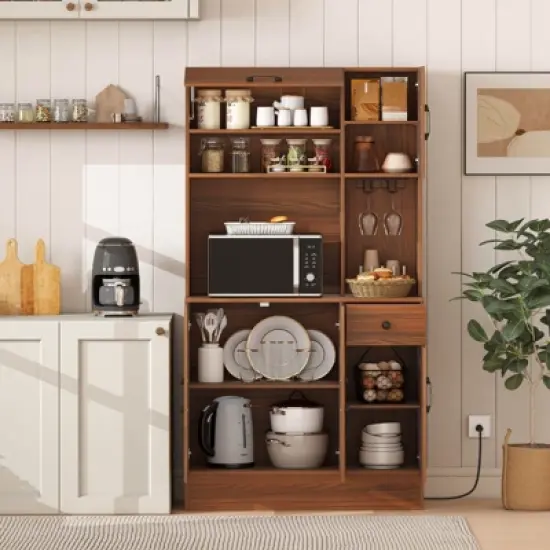 Costway 66" Pantry Cabinet Tall Kitchen Storage Cabinet with Charging Station Brown image {3}